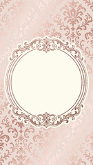 Rose gold damask pattern background with blank vertical frame. Luxury vintage wedding menu or invitation template.