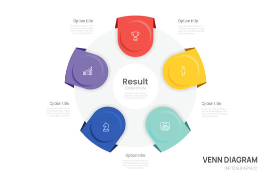 Venn diagram infographic chart template for business 5 color parts options with icons, presentation vector illustration.