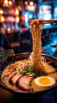 A bowl of ramen topped with chashu, soft-boiled egg, green onions, and nori, with noodles lifted by chopsticks in a cozy, warm-lit restaurant.