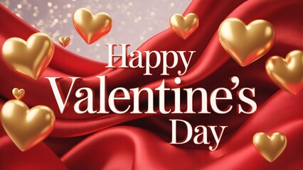 Luxury Valentine Banner with Flowing Red Silk and Gold Metallic Hearts