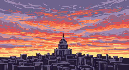 A dramatic pixel art cityscape at dusk, featuring a majestic dome building silhouetted against a breathtaking, fiery sunset sky with vibrant hues.