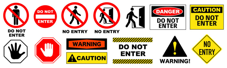 No Entry Safety Sign Icons Set with Warning and Caution Symbols
