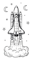 Obraz premium Dynamic space shuttle lifting off into the starry sky surrounded by crescent moons, perfect for educational materials, childrens books, or themed apparel.