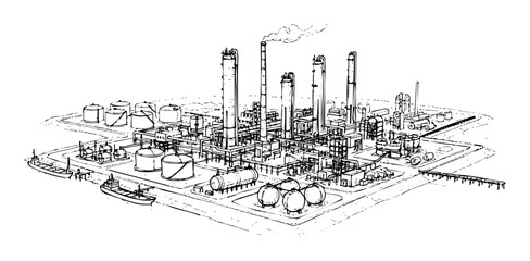 Obraz premium Industrial refinery complex drawing featuring multiple tall processing towers, storage tanks, interconnected pipelines, and a cargo vessel at a busy port, ideal for illustrating energy