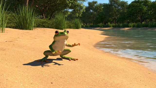 Green frog dancing on a sandy beach next to a calm lake in a sunny forest