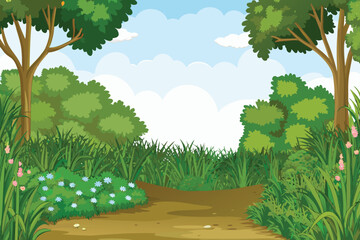 A vibrant cartoon illustration depicts a lush green forest path scene high quality © PUNNABEGUM