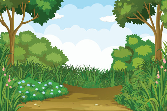 A vibrant cartoon illustration depicts a lush green forest path scene high quality