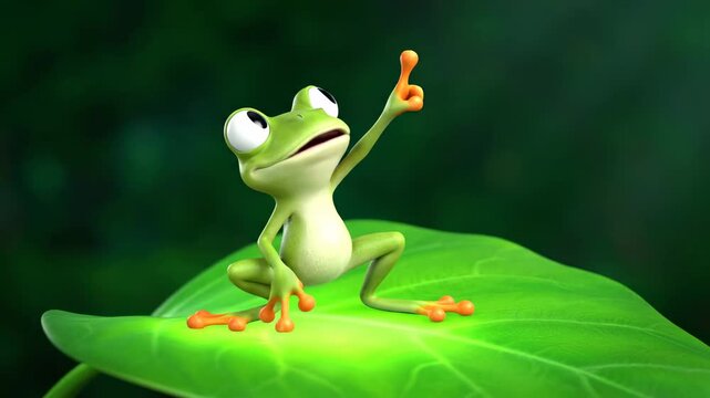 Happy cartoon frog dancing on a large green leaf in a lush forest