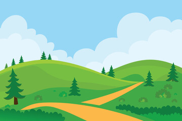 A bright cartoon landscape features rolling green hills and a winding path