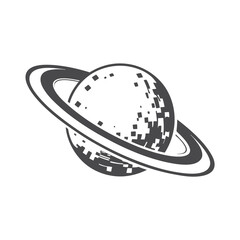 Retro pixel sci-fi alien planet with a UFO, black and white illustration.
