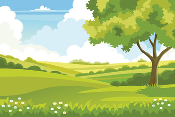 Obraz premium A vibrant cartoon style landscape depicts rolling green hills under a blue