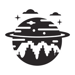 Monochrome pixel art alien planet scape with UFO, retro science fiction illustration.