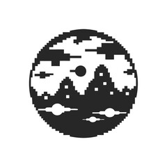 Pixel art alien planet, black and white retro sci-fi landscape design