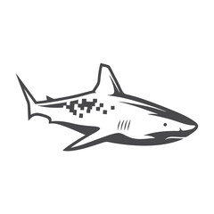 Monochrome pixel art shark silhouette in water, vector graphic