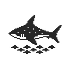 Vector silhouette of a pixel shark in black and white water