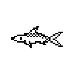 Pixel art graphic of a black and white shark in water