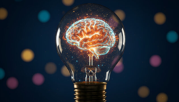 Lightbulb with glowing brain inside &ndash; creative thinking concept against blue bokeh background

