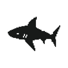 Abstract pixel shark silhouette, black and white ocean design
