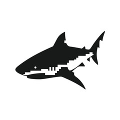 Modern pixel shark illustration, black and white ocean symbol