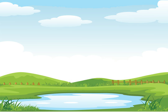 A serene landscape features rolling green hills a small pond and a