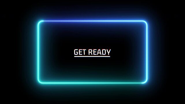 Animated neon get ready glitch text effect with glowing blue frame for gaming intro and livestream countdown, 4K video, alpha channel