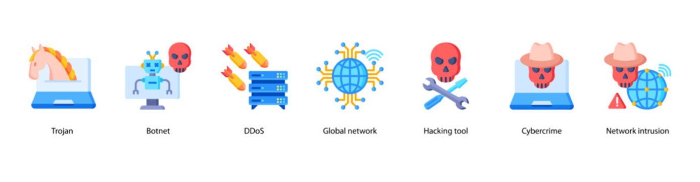 Cybercrime Attacks web banner illustration featuring Trojan, Botnet, DDoS, Global network, Hacking tool, Cybercrime, and Network intrusion.