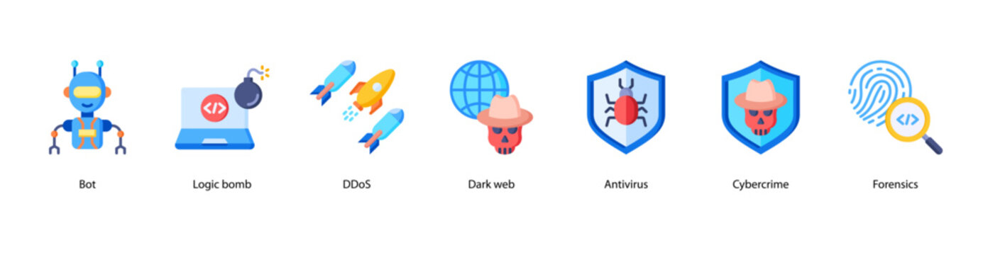 Cyber Defense Tools web banner illustration featuring Bot, Logic bomb, DDoS, Dark web, Antivirus, Cybercrime, and Forensics.