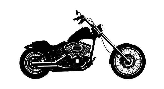 Black silhouette of modern chopper motorcycle on white background