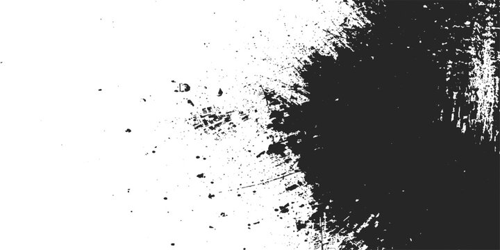An abstract black ink splat creates a grunge texture on a white background with an artistic liquid splash and spray design