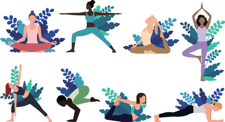 8種のヨガポーズをしている様々な人種の女性の素材セット　Women of diverse ethnicities Yoga Pose Set: 8 Poses