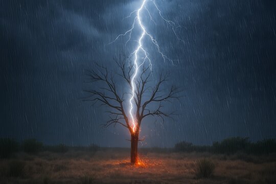 imagen de un arbol seco le cae un relampago con lluvia