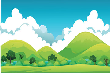 Obraz premium A vibrant cartoon landscape features rolling green hills under a bright blue