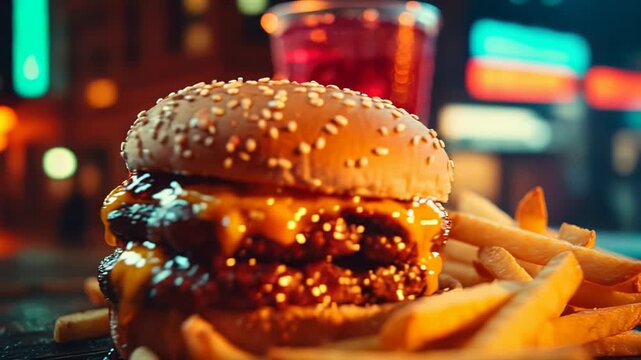A close-up of a double cheeseburger with melted cheese in a sesame bun, accompanied by fries, against a colorful, out-of-focus drink in the background.