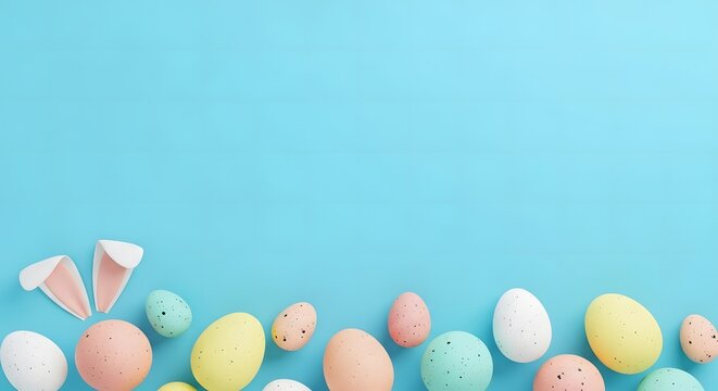 Colorful Easter eggs and bunny ears on blue background 2