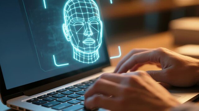 Facial recognition technology on laptop screen reveals digital identity risks from deepfake and ai misuse, fake news and online fraud threatening password login security protection