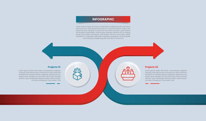 2 points comparison for infographic with glossy gradient style with arrow smooth linked connection opposite horizontal direction with circle inside with two point list information