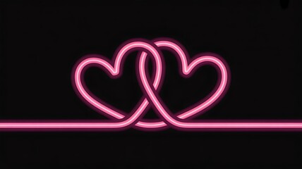pink red neon light drawing, hearts linked together. Abstract doodles isolated on black background. Glowing single line art. Modern minimal concept. Festive illustration for Valentine day.
