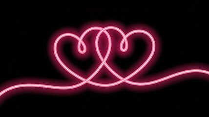 pink red neon light drawing, hearts linked together. Abstract doodles isolated on black background. Glowing single line art. Modern minimal concept. Festive illustration for Valentine day.