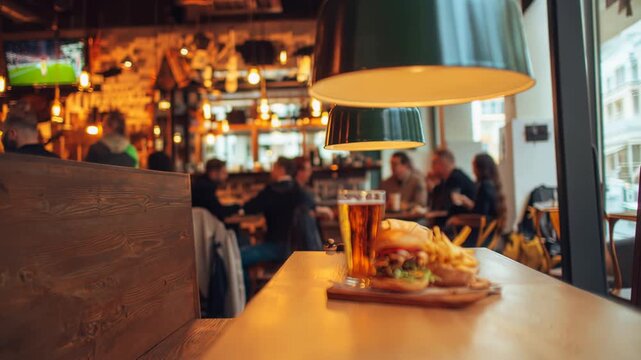 A cozy restaurant scene with a wooden table featuring a burger, fries, and a glass of beer under warm hanging lights, with blurred diners in the background.