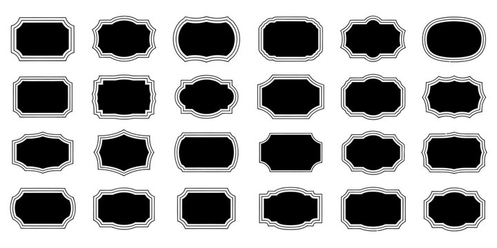 Collection of vintage black frame silhouettes and decorative labels isolated on white background.