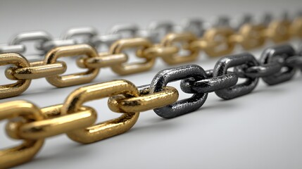 Obraz premium Three rows of metallic chains in gold, silver, and black, symbolizing strength and connection.