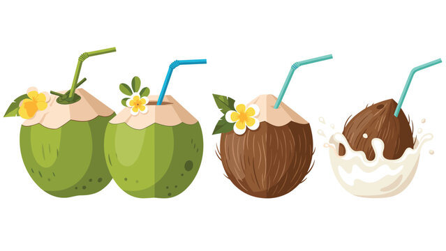 A set of four tropical coconut drinks, including young green coconuts and mature brown ones, decorated with straws and flowers.