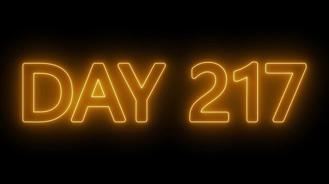 Animated glowing flickering neon inscription DAY 217. Day 217 neon text animation, calendar counter concept on black background