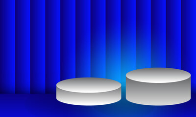 3d two blue podium blank for items shop on blue curtain background with shine light