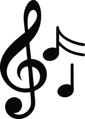 Black musical notes including a treble clef float on a white background