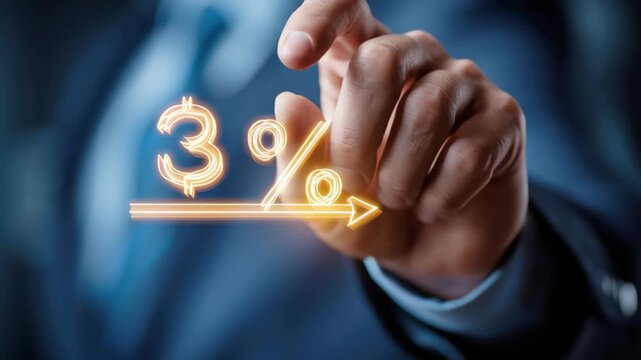 Hand points to a three percent increase in business growth statistics