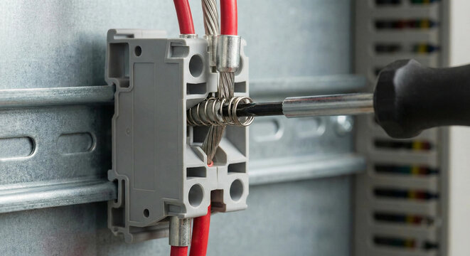 Screwdriver tightening wire in grey DIN rail terminal block