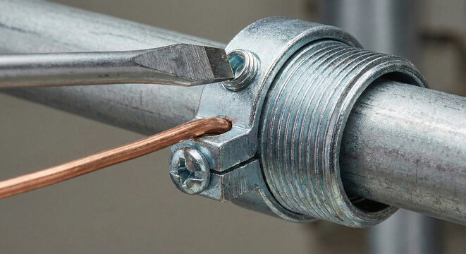 Tightening grounding clamp on metal pipe with copper wire