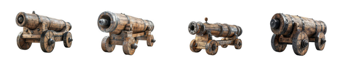 Rustic antique wooden cannons with weathered textures and sturdy metal bands, isolated on white isolated on transparent background