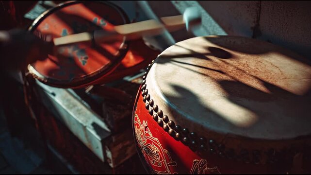 A person plays a red drum with a stick on a wooden table indoors.